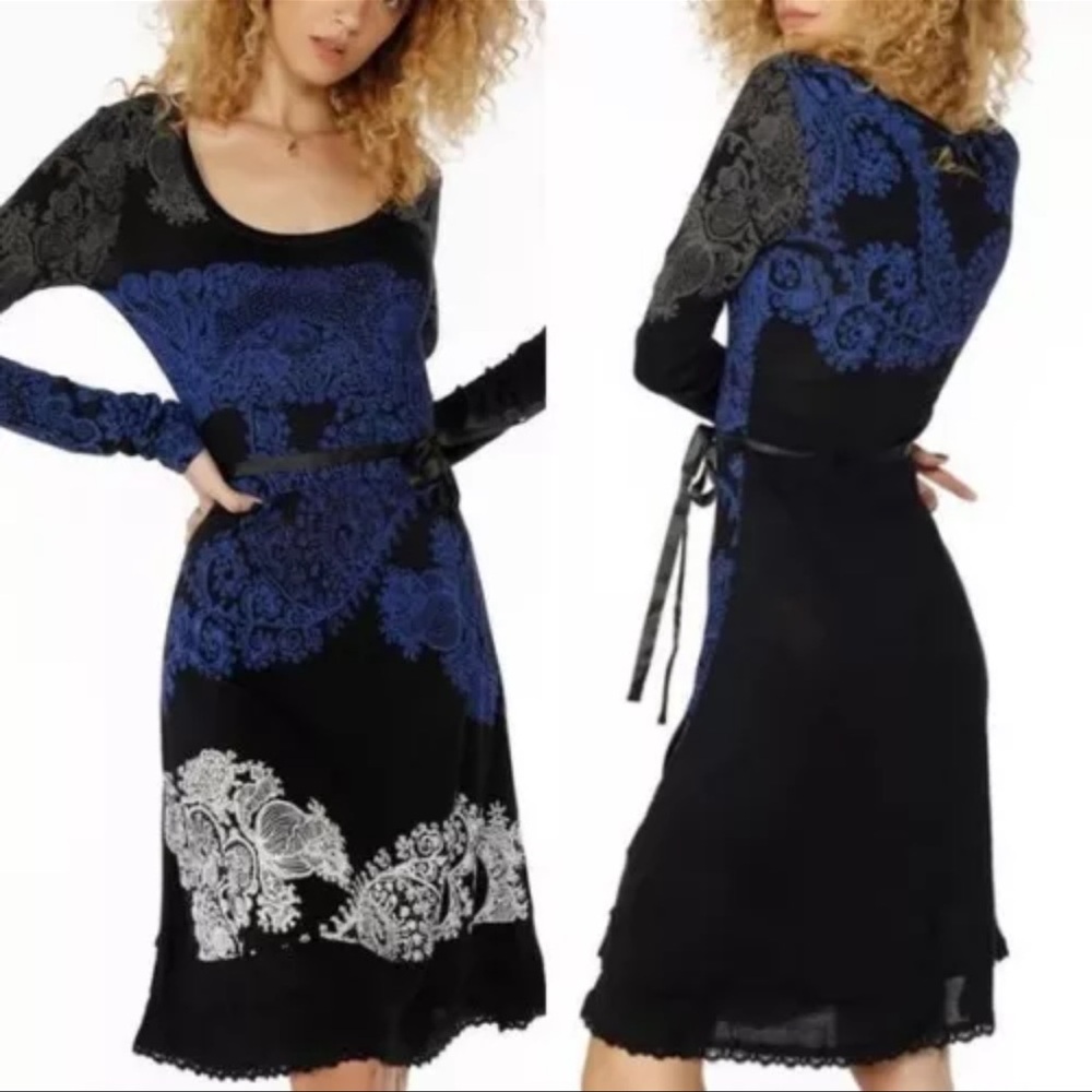 Desigual Anita Paisley Scroll Print Shirt Dress Bodycon Ribbon Belt Lace Hem L